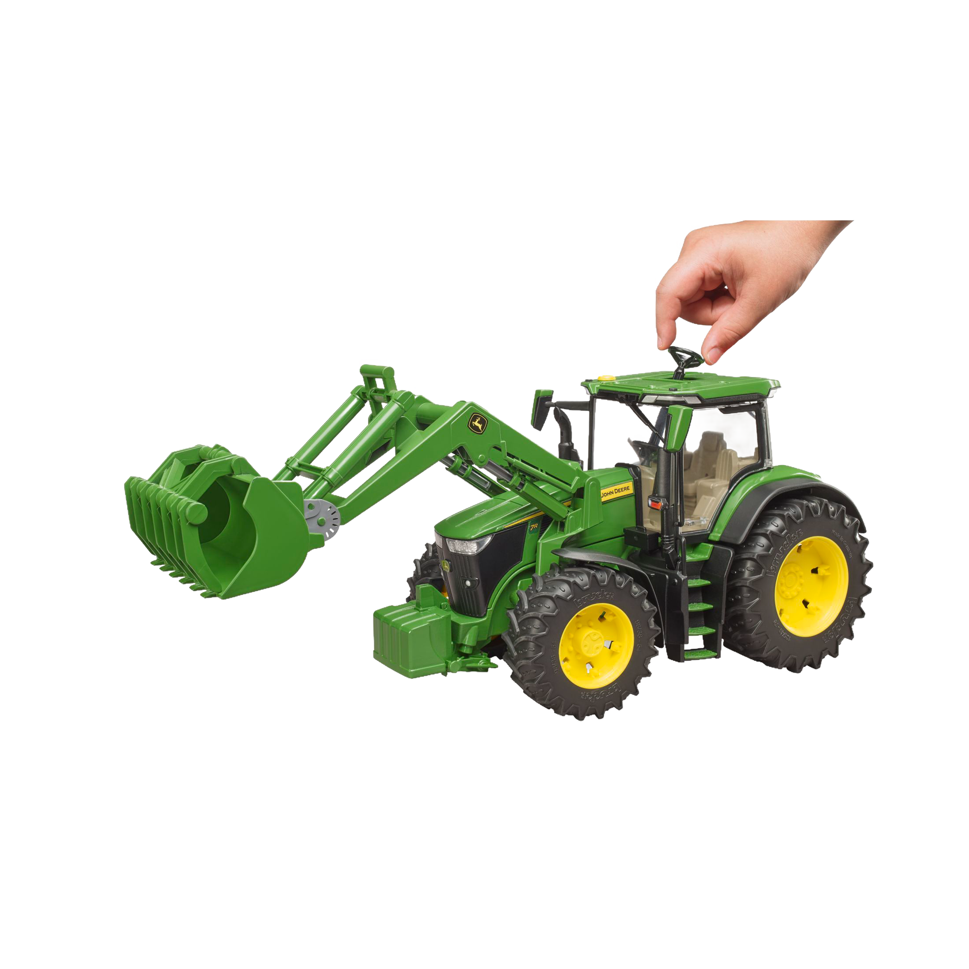 Green Bruder toy tractor with front loader and yellow wheels, part of Vehicles & Remote Controlled Toys collection