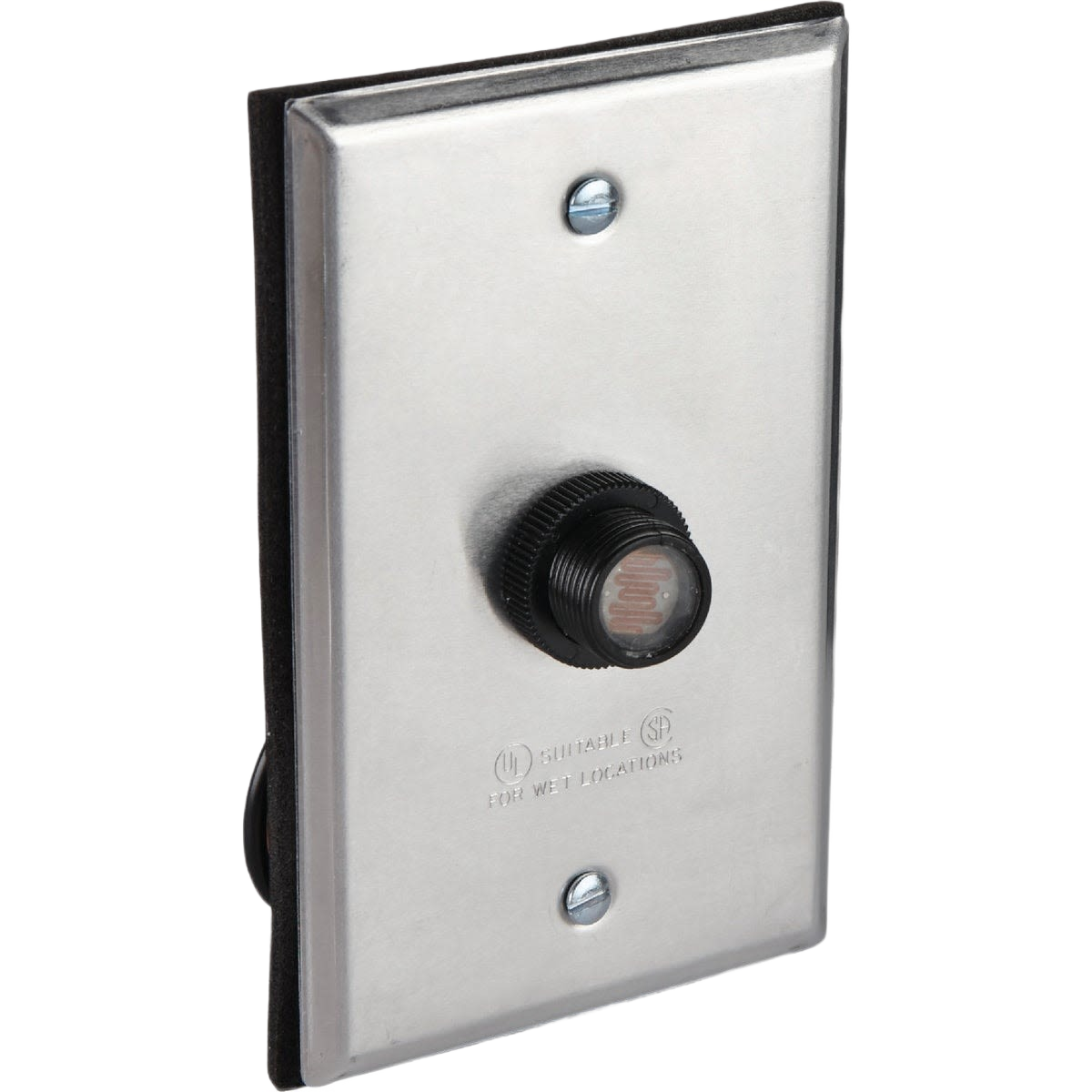Metal photocell lamp control with switch plate featuring a sensor knob for outdoor lighting and home improvement use