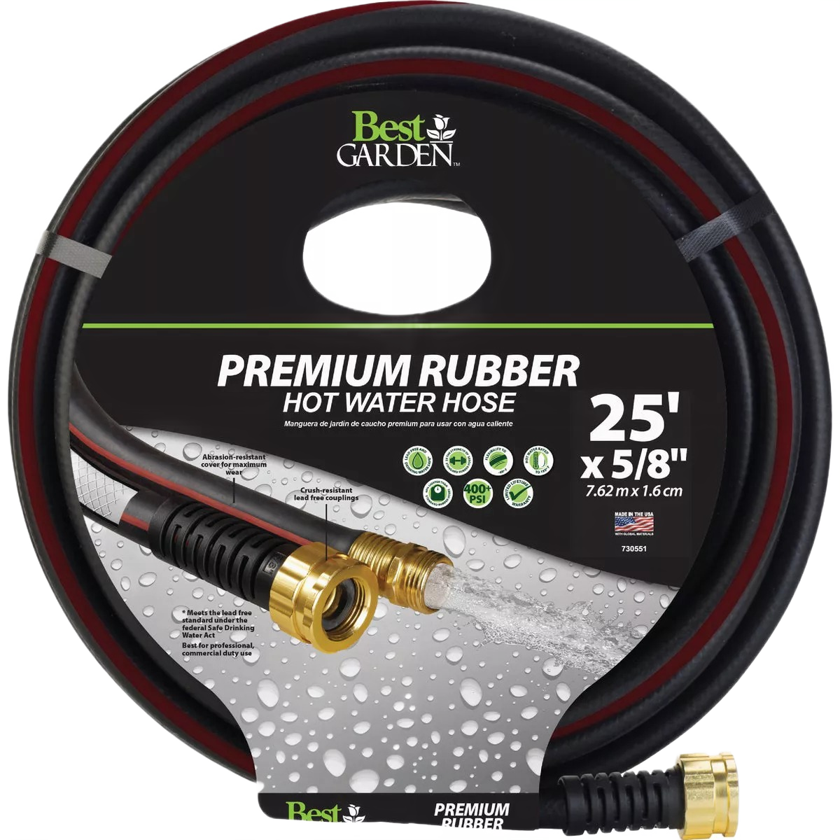 Black premium rubber hot water hose 25-foot length with brass fittings for watering and irrigation use under $100 collections