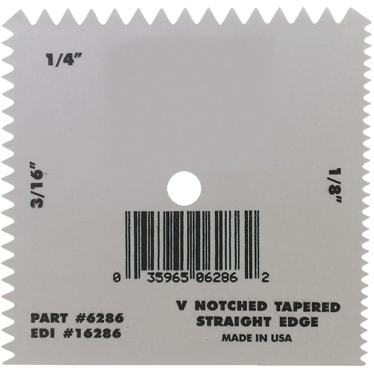 White plastic adhesive spreader with multiple V-notch sizes and straight edge for paint and supply tools collections