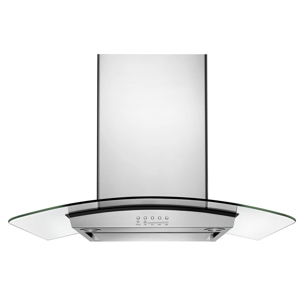 Curved glass and stainless steel wall mount range hood with push button controls in kitchen appliances collection