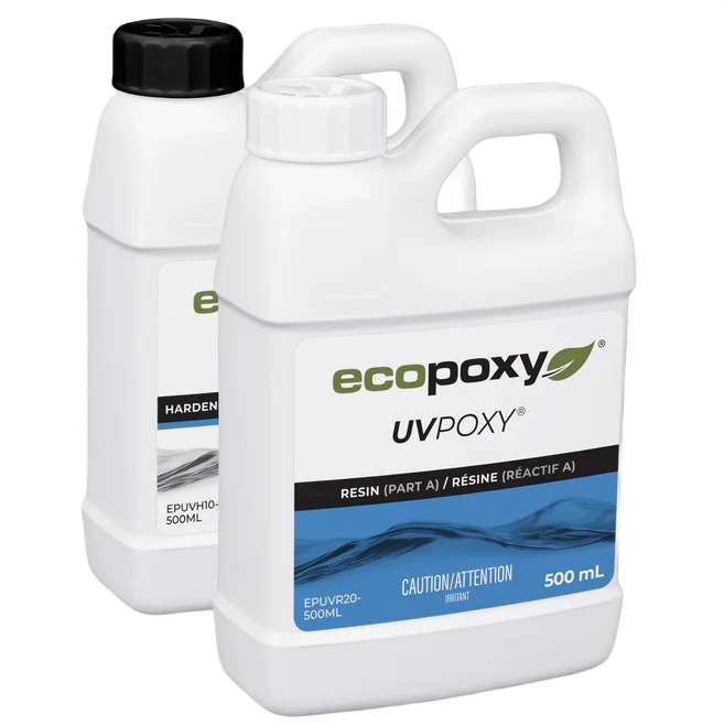 Two white plastic containers of Ecopoxy UVPoxy resin and hardener for woodworking sealers and finishes collection