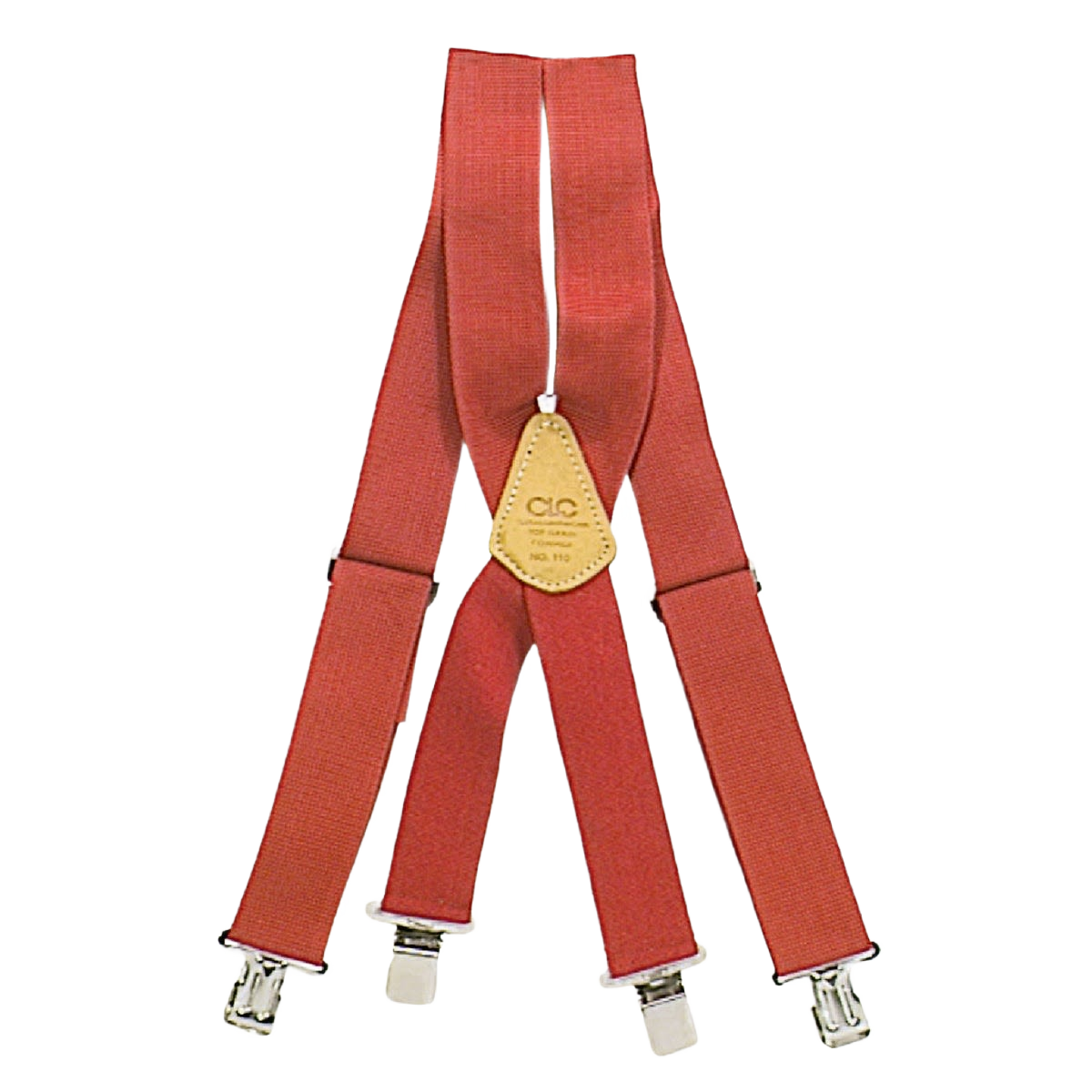 Heavy-duty red work suspenders with metal clips and tan leather patch for accessories in clothing and shoes collection under $50