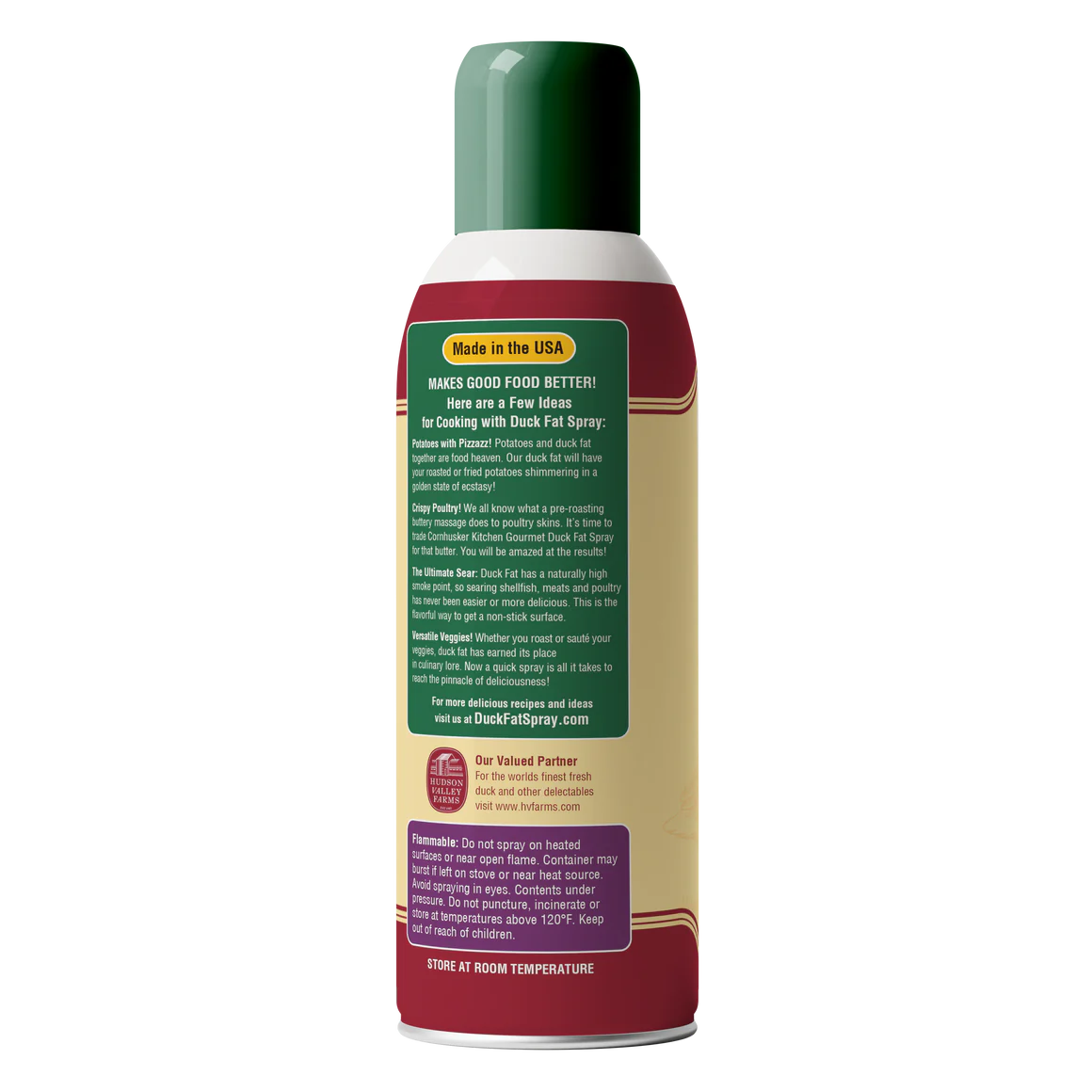 Back label of Cornhuskers Kitchen duck fat spray can showing usage tips and storage instructions