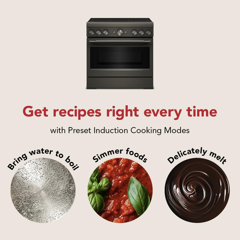 Front view of a dark freestanding induction range with cooking mode icons for boiling, simmering, and melting chocolate