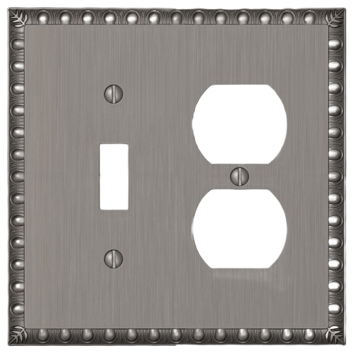 Antique nickel wall plate with toggle switch and duplex outlet openings in electrical and home improvement collections