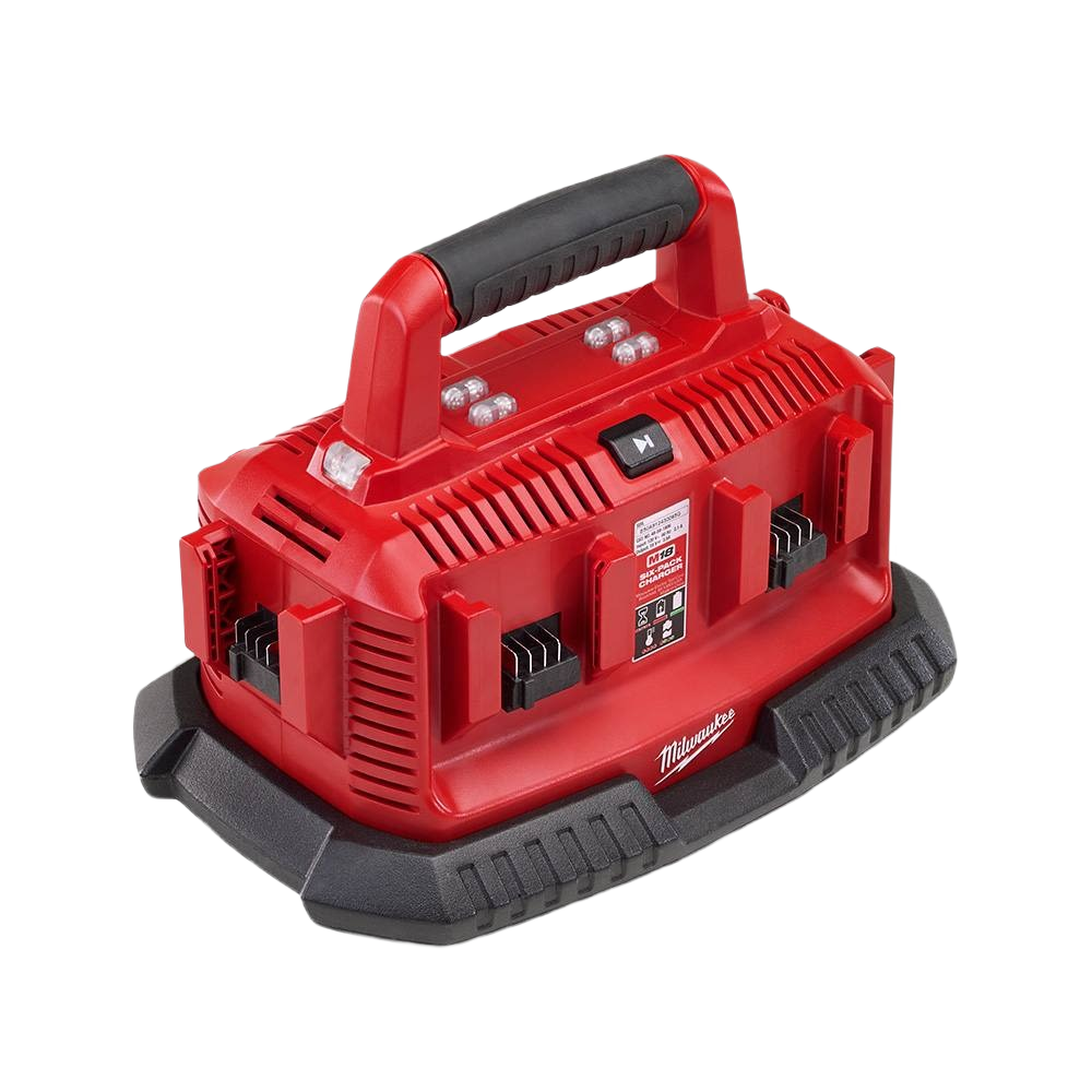 Red multi-slot sequential battery charger with carrying handle for Milwaukee power tool accessories and charging systems