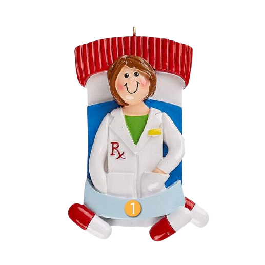 Woman pharmacist ornament in white coat with red cap and capsule decorations from Christmas Ornaments & Tree Decorations collection