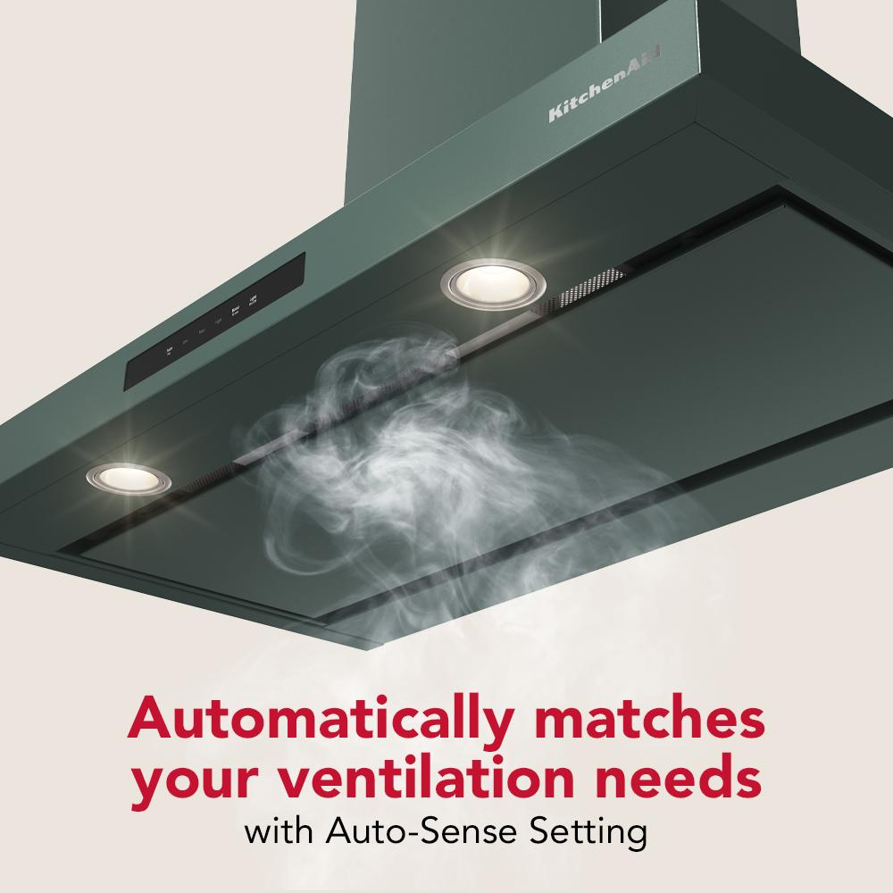 Dark green wall-mount canopy hood with built-in lights and automatic ventilation for range hoods collection