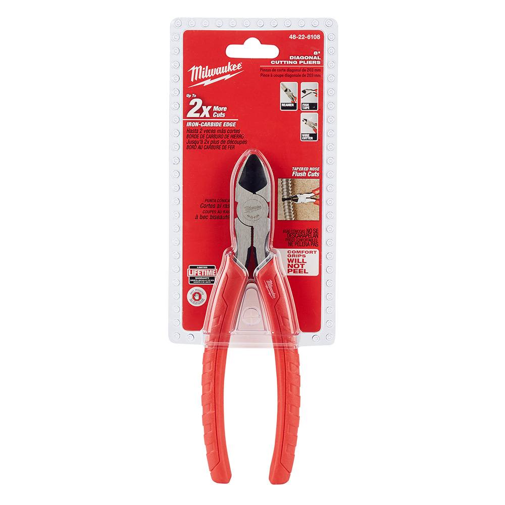 Milwaukee diagonal cutting pliers with red comfort grip handles for precise cutting in hand and woodworking tools collections
