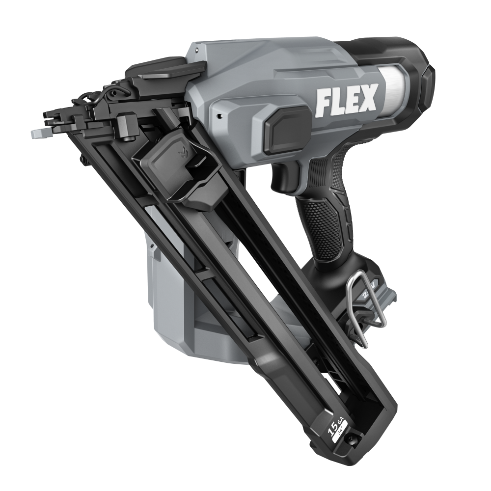 Cordless FLEX 15-gauge angled finish nailer in gray and black with ergonomic grip and magazine for angled nails, part of power tools and nailers at Hartville Hardware.
