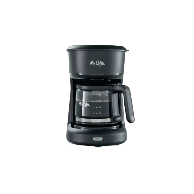 Compact black 5-cup coffee maker with glass carafe and simple control button for home use