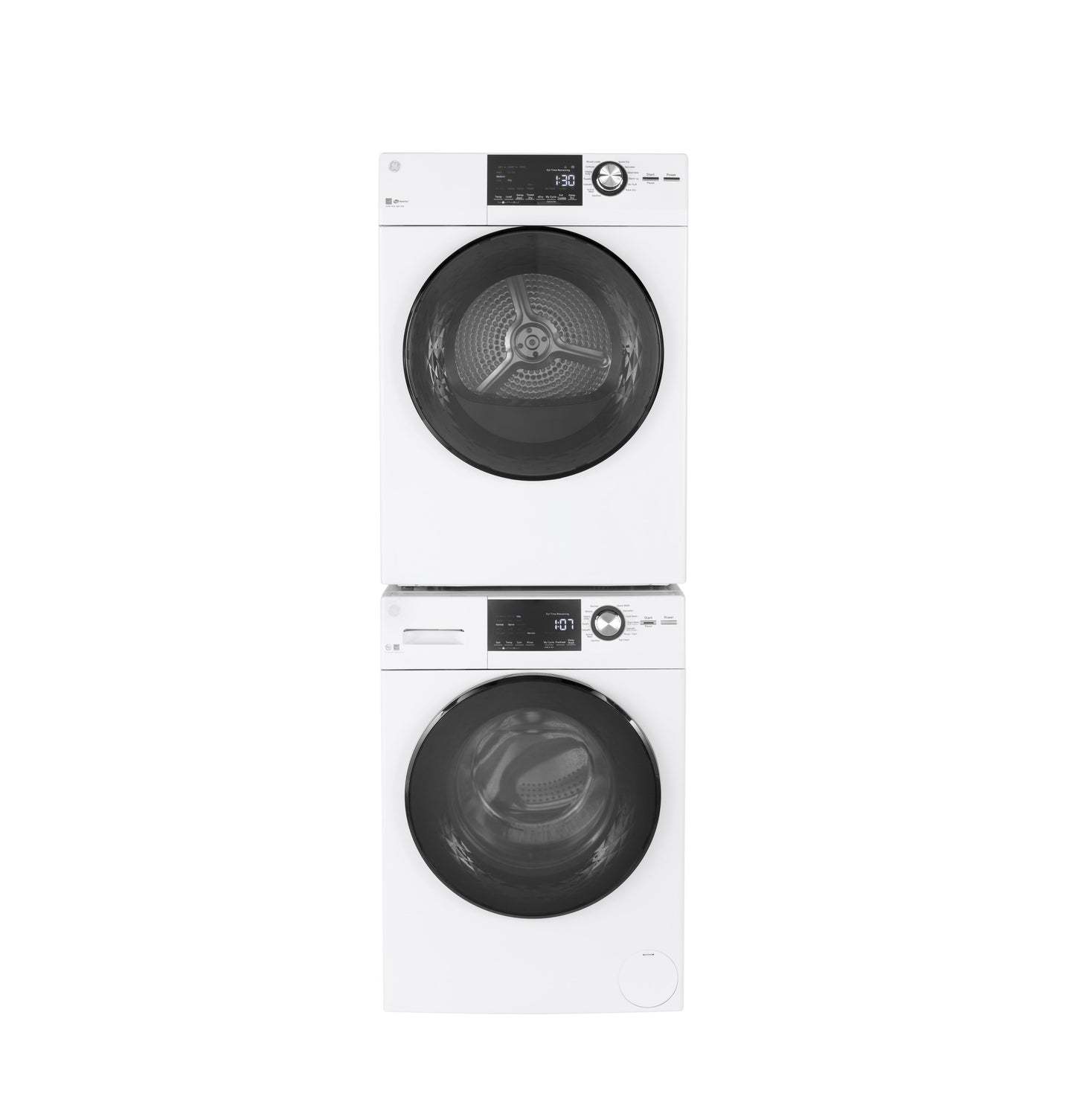 Stacked white front-load washer and vented electric dryer with digital controls in Dryers and Appliances collections