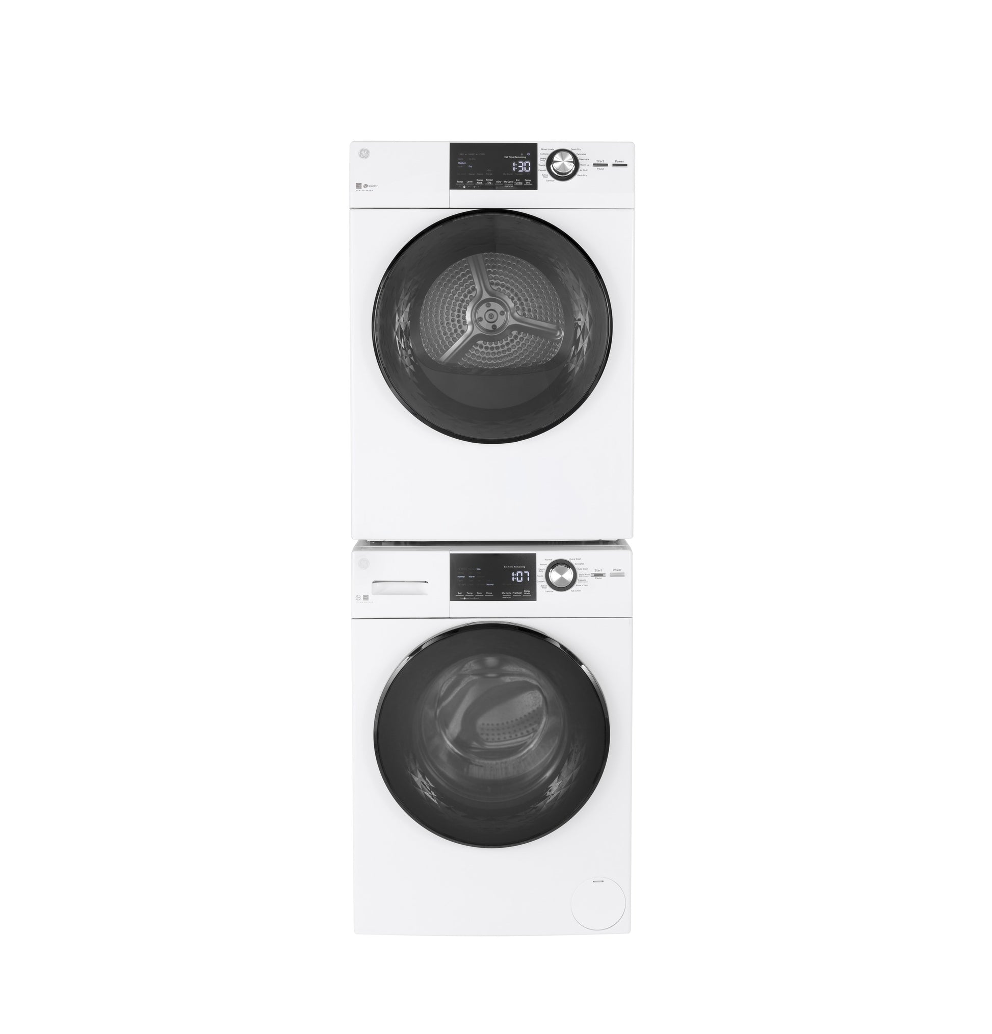 Stacked white front-load washer and vented electric dryer with digital controls in Dryers and Appliances collections