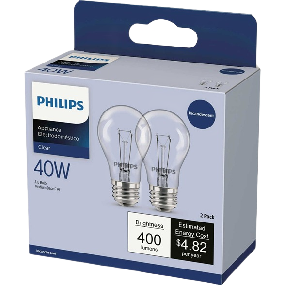Philips 40 watt A15 clear incandescent medium base appliance bulbs 2-pack for lighting and electrical use