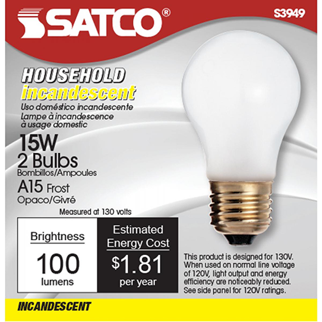 Pair of 15 watt A15 frosted incandescent light bulbs with 100 lumens ideal for home improvement lighting solutions