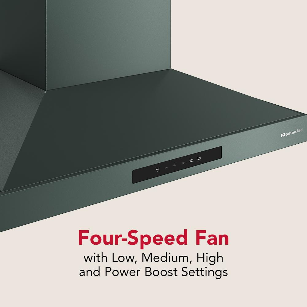 Dark green wall-mount canopy hood with touch control panel, part of KitchenAid range hoods and kitchen appliances collection