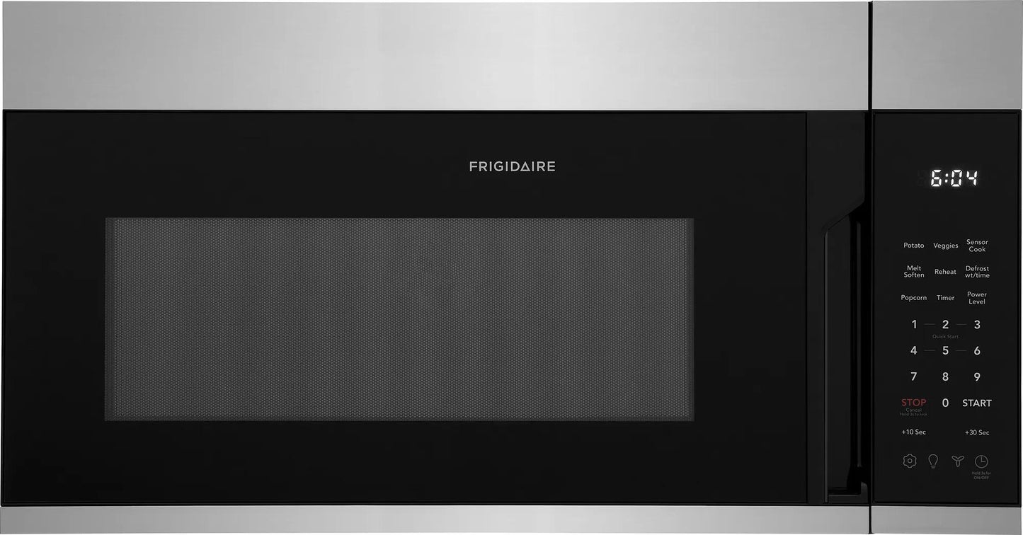 Close-up of a stainless steel over-the-range microwave with digital control panel and timer display from kitchen appliances collection