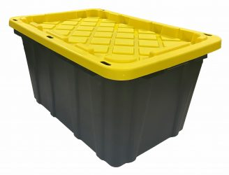 Heavy-duty industrial storage tote with black base and yellow lid for organization and storage solutions under $50 collections