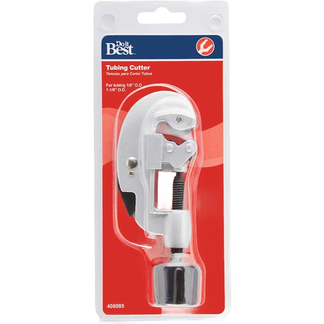 Compact copper and aluminum tubing cutter with adjustable blade for home improvement and tool use between 1/8 and 1-1/8 inch tubes