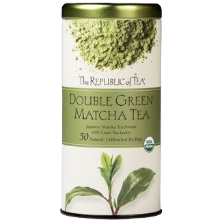 Cylindrical tin of organic double green matcha tea with 50 natural tea bags and leaf illustrations on label