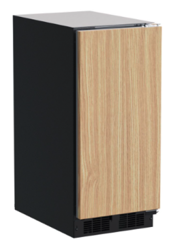Built-in refrigerated drawer with natural wood front and black exterior for kitchen and appliance collections