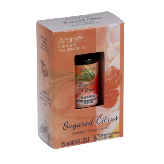 Orange-toned box of Airome Sugared Citrus fragrance oil featuring grapefruit, orange, and vanilla scent notes