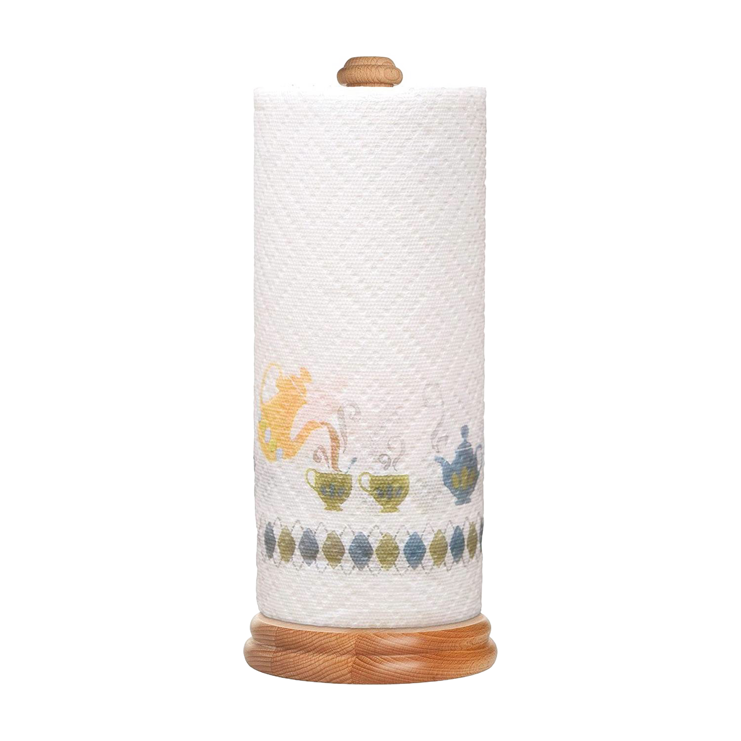 Vertical beechwood paper towel holder with decorative printed kitchen-themed white towel roll in storage setting