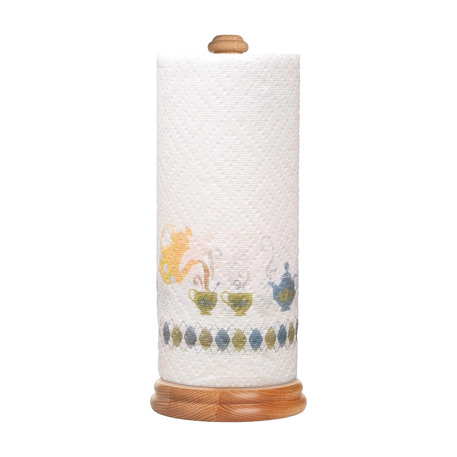 Vertical beechwood paper towel holder with decorative printed kitchen-themed white towel roll in storage setting