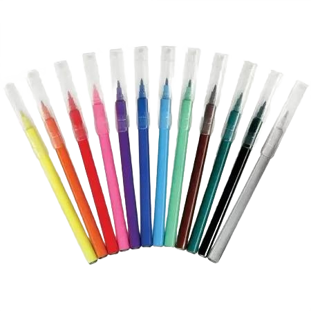 Set of twelve vibrant colored markers with fine tips and clear caps for creative art and home projects