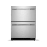 Undercounter double-drawer stainless steel refrigerator/freezer with horizontal handles and black vent grille for kitchen use