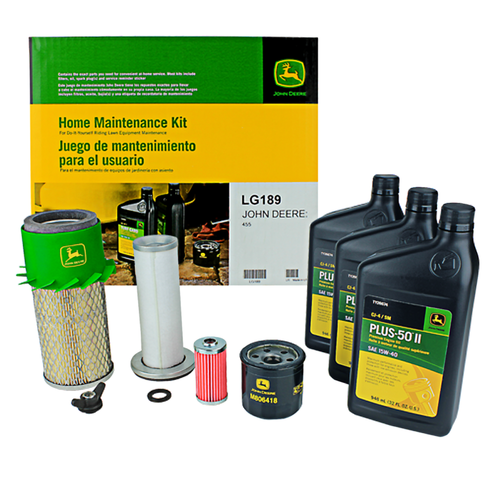 Set of oil filters, air filters, lubricants, and maintenance parts arranged for home equipment upkeep and tools care
