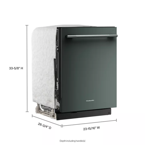 Built-in dishwasher with black matte finish and horizontal towel bar handle, shown with side insulation covering, part of KitchenAid Dishwashers and Appliances collections.