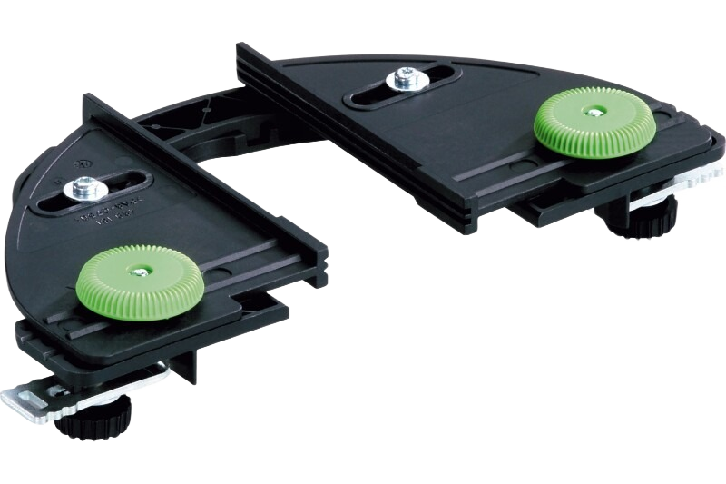Pair of black plastic woodworking stops with green adjustment knobs for precise mortise placement in power tool accessories
