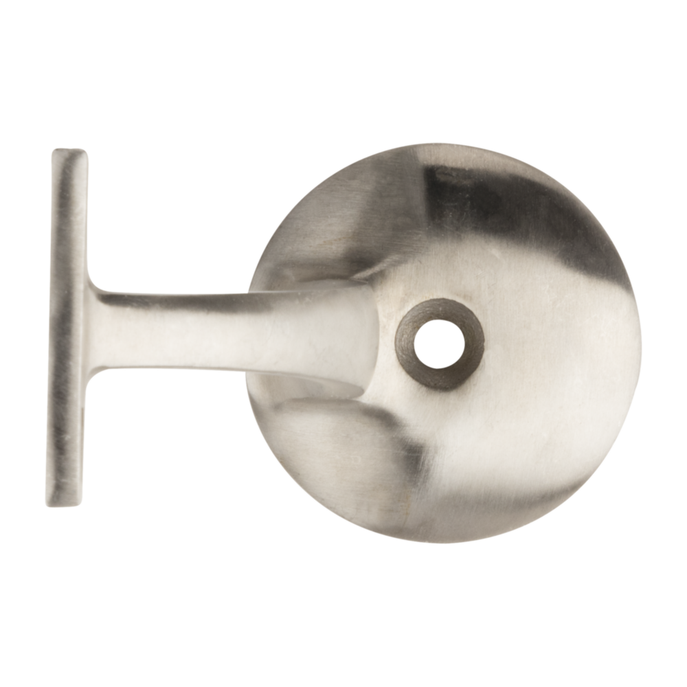 Brushed stainless steel handrail bracket with mounting hole, designed for secure attachment in home storage and shelving projects
