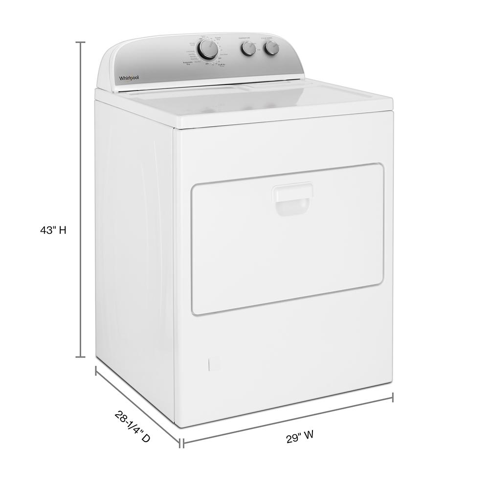 White top load gas dryer with AutoDry™ system, control knobs on silver panel, shown with size dimensions displayed