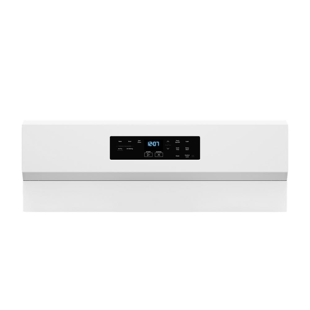 Control panel of white 30-inch gas range with digital display and multiple cooking mode buttons from kitchen appliances collection