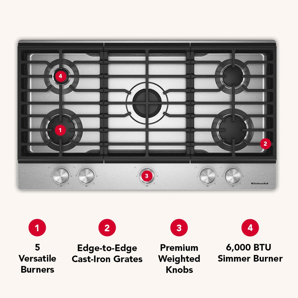 KitchenAid® 36 in. Gas Cooktop with 5 Versatile Burners
