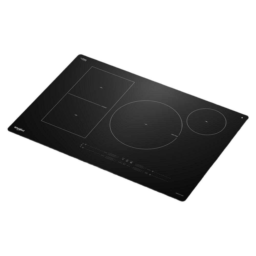 Black glass induction cooktop with three cooking zones and digital touch controls from Induction Cooktops and Appliances collections