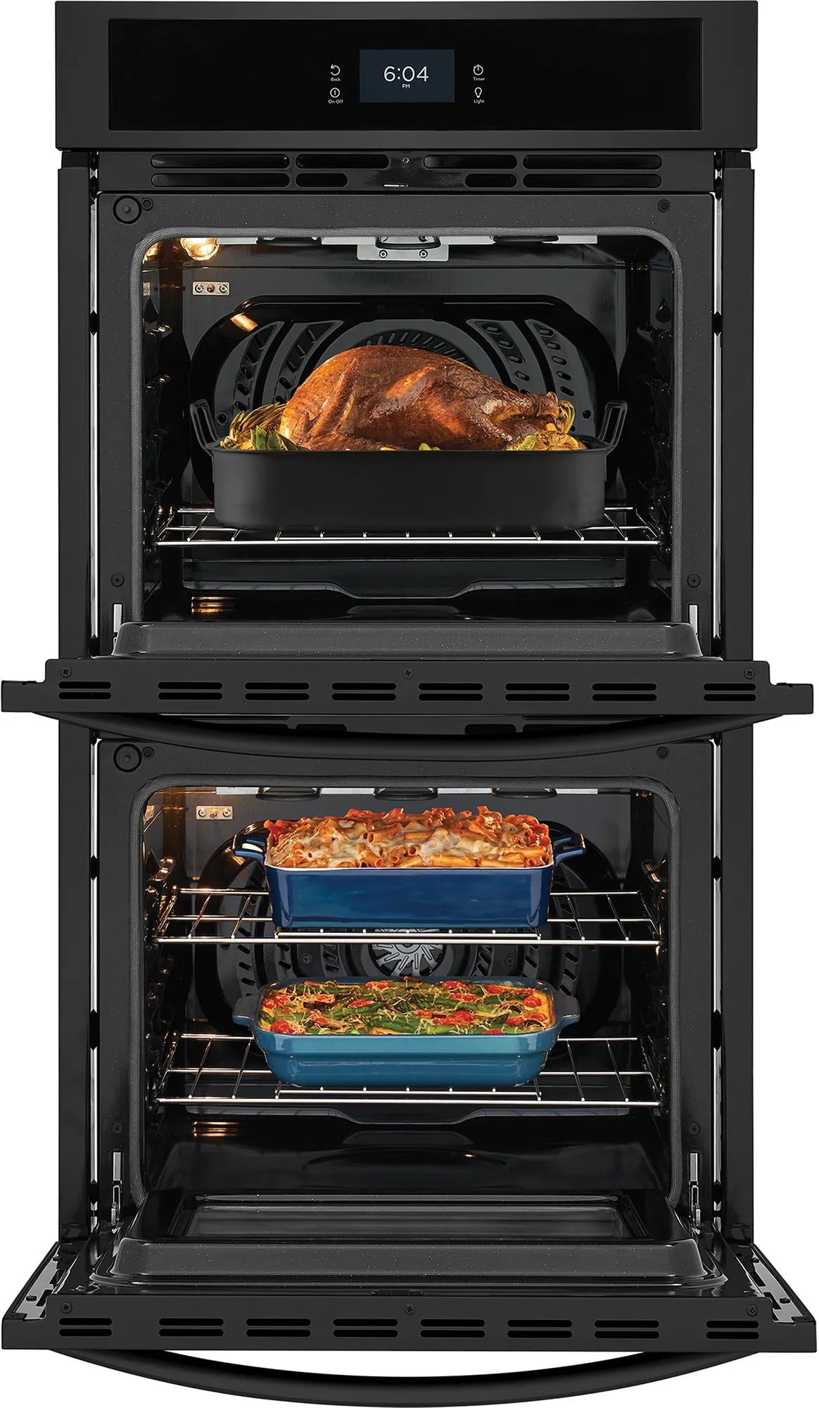 Double electric wall oven with digital display showing cooked dishes inside in Wall Ovens and Kitchen & Kitchenware collection