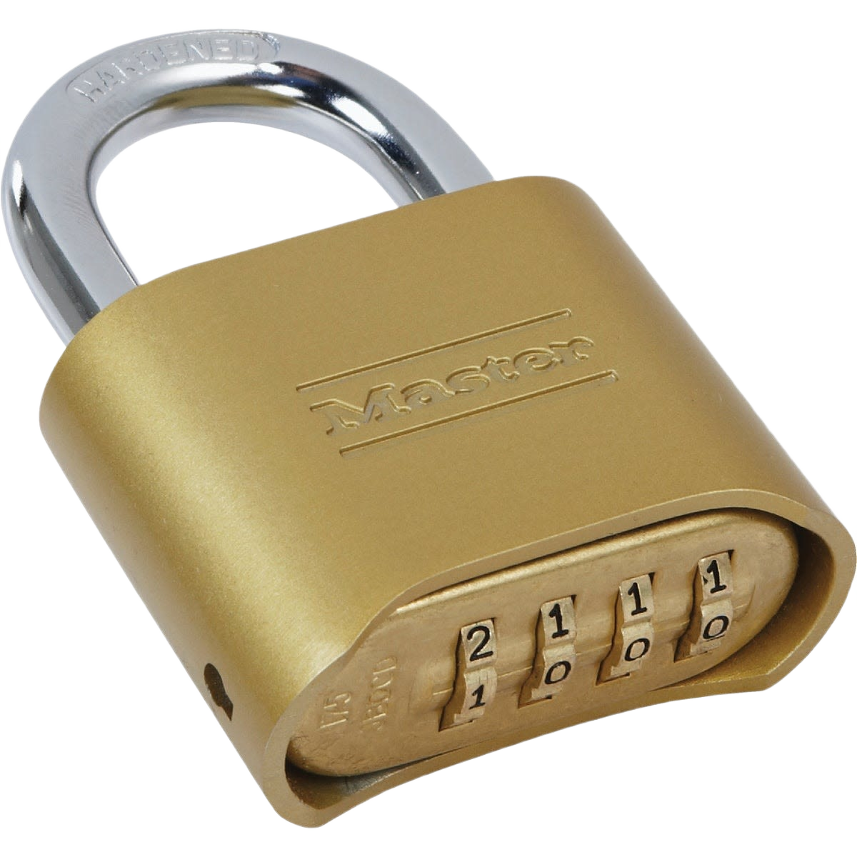 Copper-colored zinc die-cast 2-inch combination lock with four-digit resettable dials for hardware and home improvement.