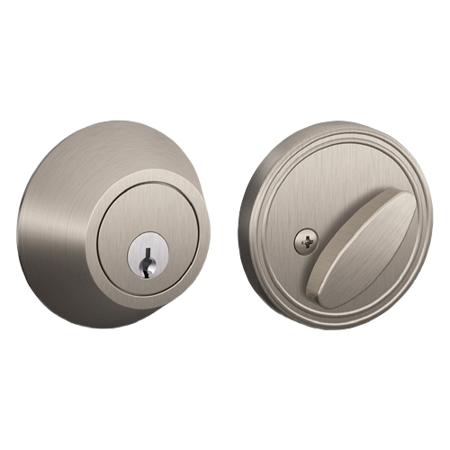 Satin nickel single cylinder deadbolt lock set for doors with keyed exterior and thumb turn interior hardware components