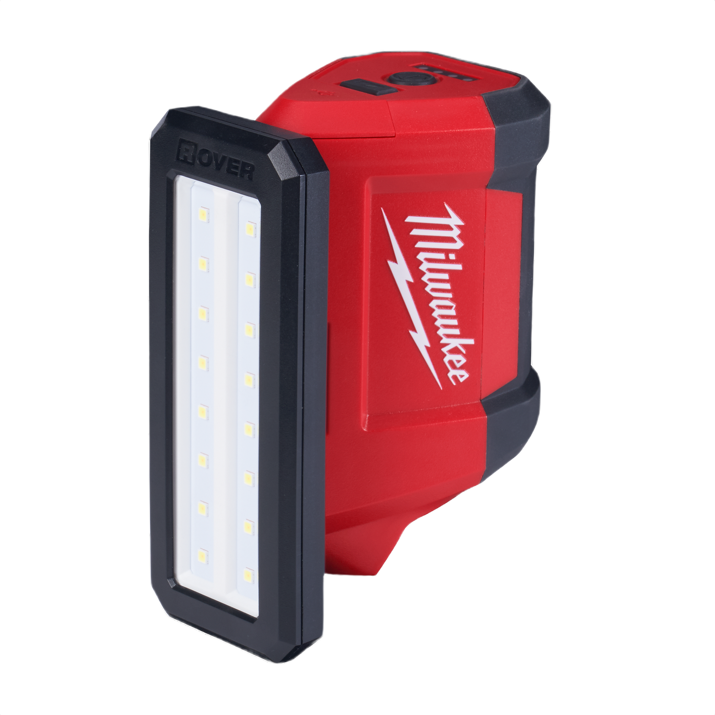 Compact red and black Milwaukee ROVER service flood light with LED panel for tools and home improvement projects