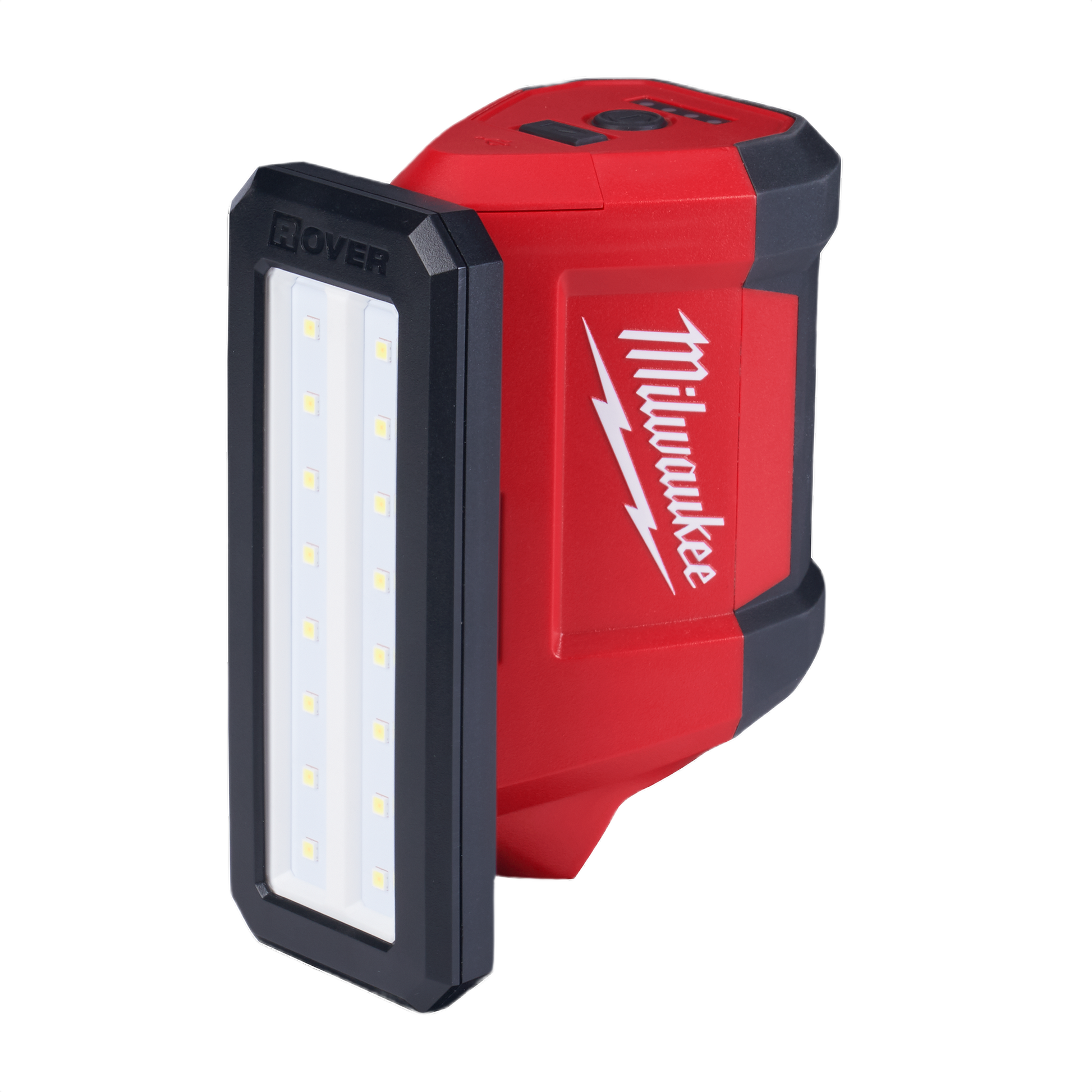 Compact red and black Milwaukee ROVER service flood light with LED panel for tools and home improvement projects
