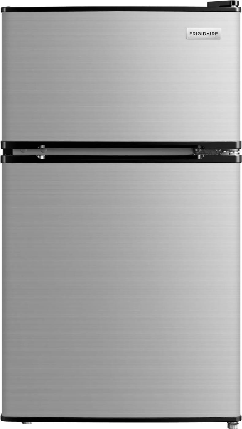 Compact refrigerator with a brushed stainless steel finish, featuring separate freezer and fridge compartments, suitable for Refrigerators, Mini Refrigerators, Kitchen & Kitchenware, All Products, and Appliances collections.