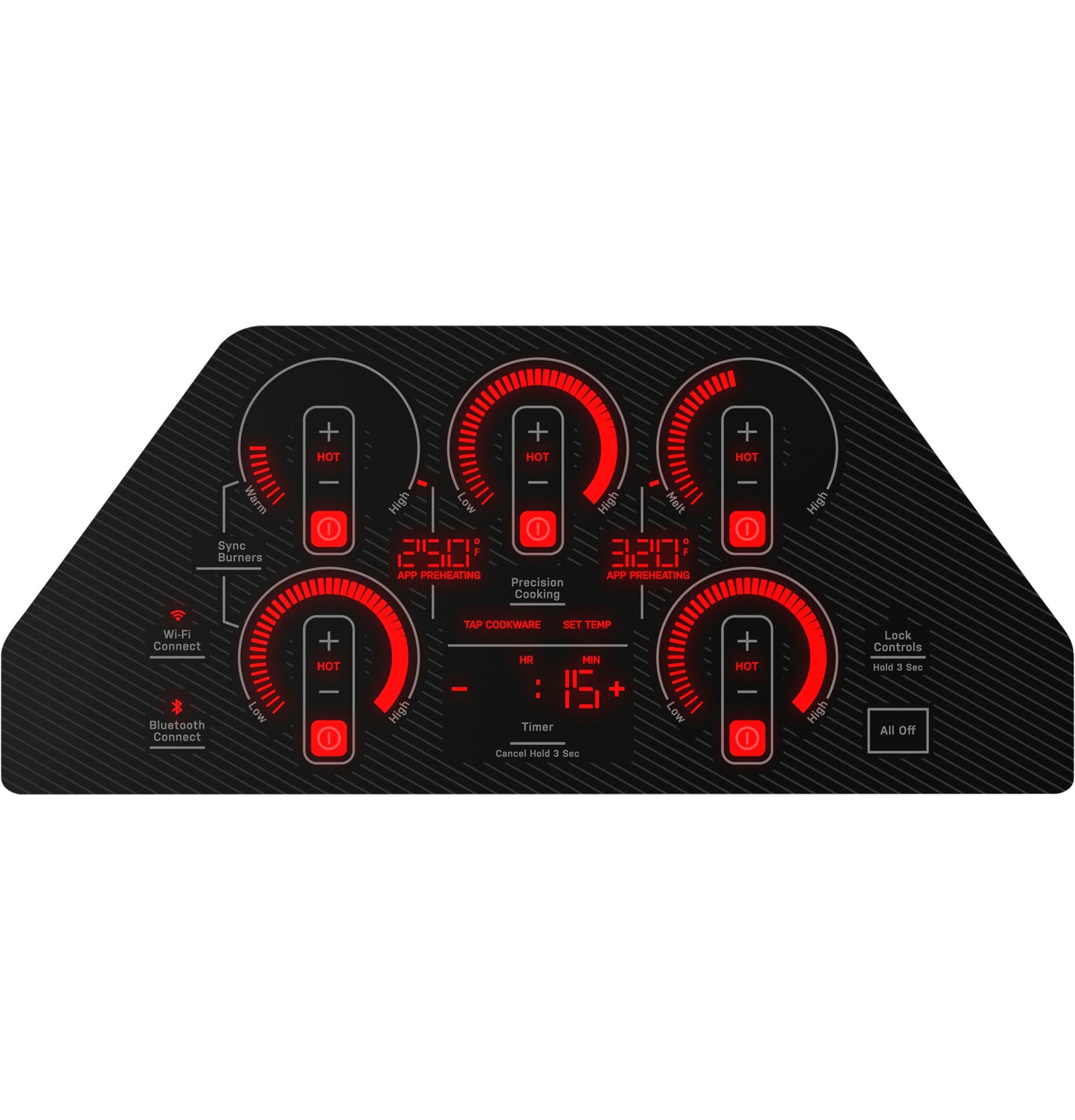 Black induction cooktop with five touch control burners, digital display, and connectivity features for modern kitchens.