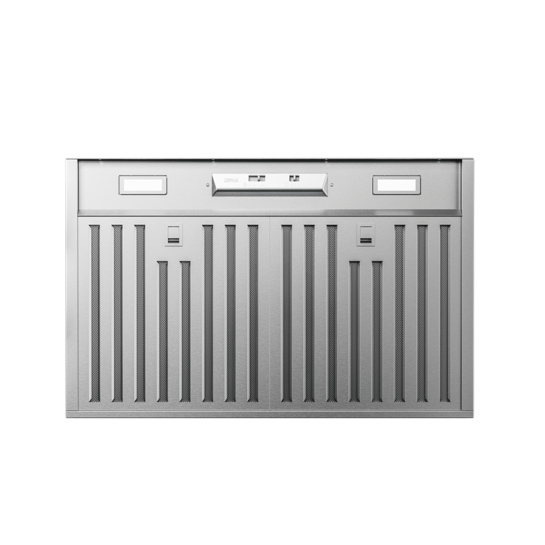 Under-cabinet stainless steel hybrid baffle insert hood with LED lights and mechanical slide controls from range hoods collection