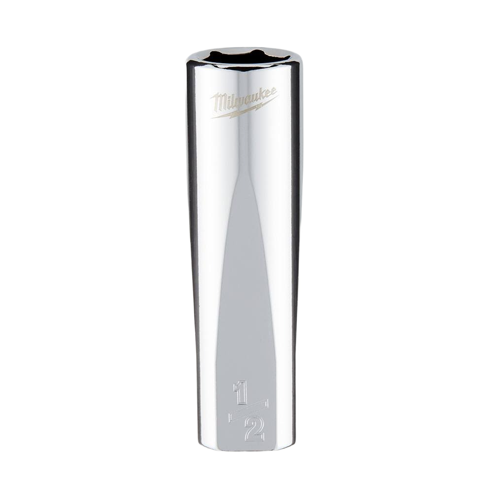 Chrome-finished deep socket with four flat sides to prevent rolling, designed for sockets and hand tools use in home improvement.
