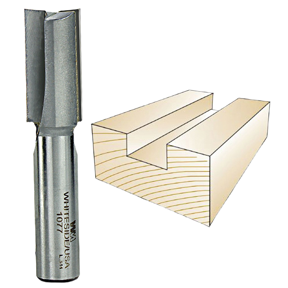 Whiteside router straight bit next to wooden groove cut, part of Drill Bits and Tool Accessories collections