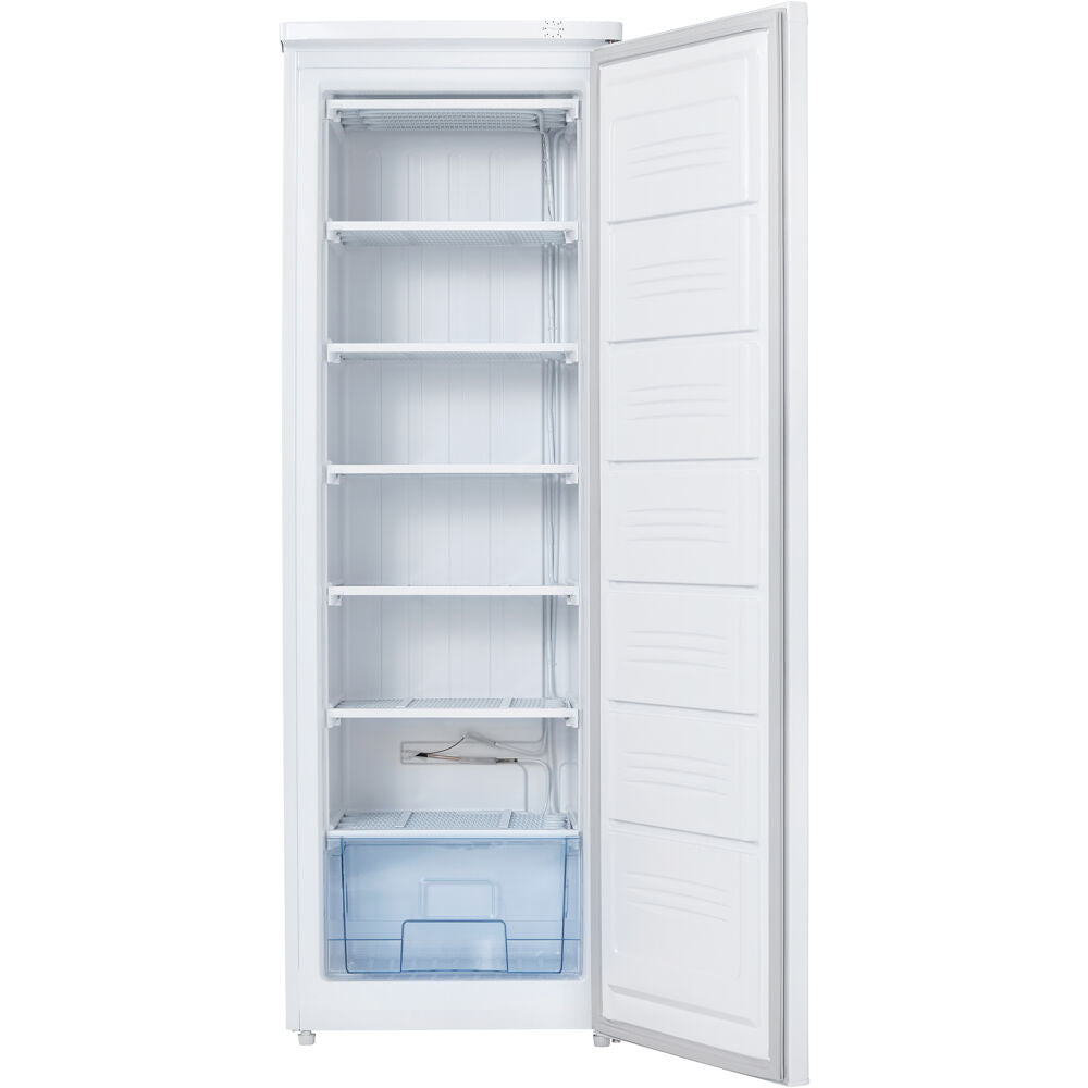 White upright freezer with open door showing multiple shelves and clear bottom storage drawer for home use